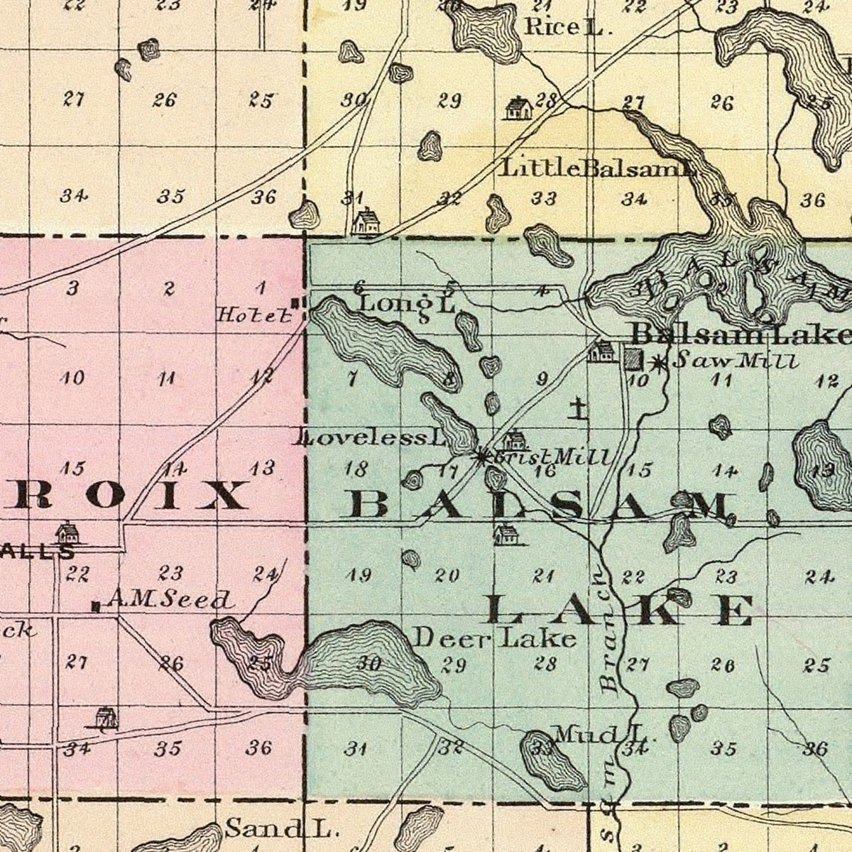Restored historic details from the 1878 county map of Polk County, Wisconsin
