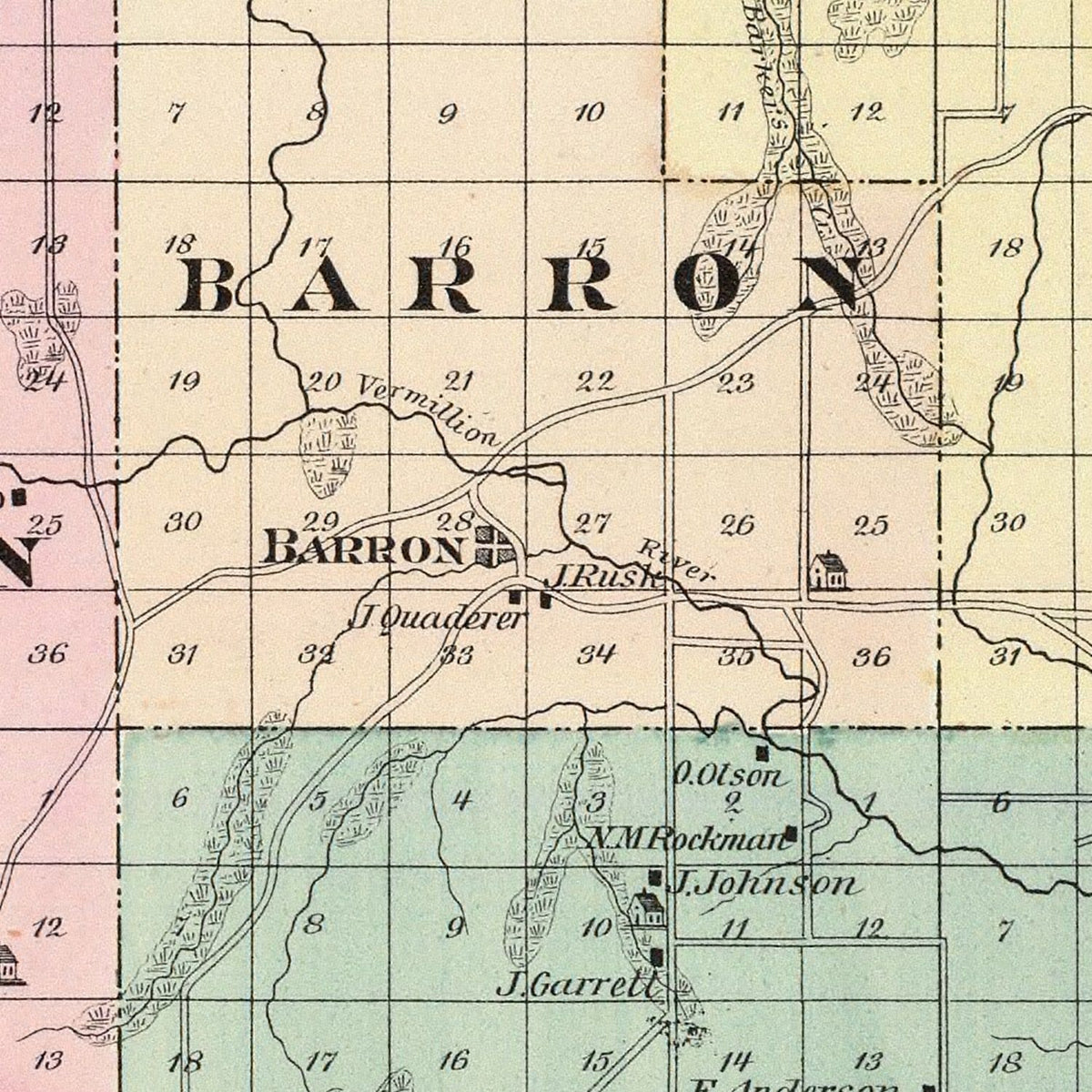Restored historic details from the 1878 county map of Barron County, Wisconsin