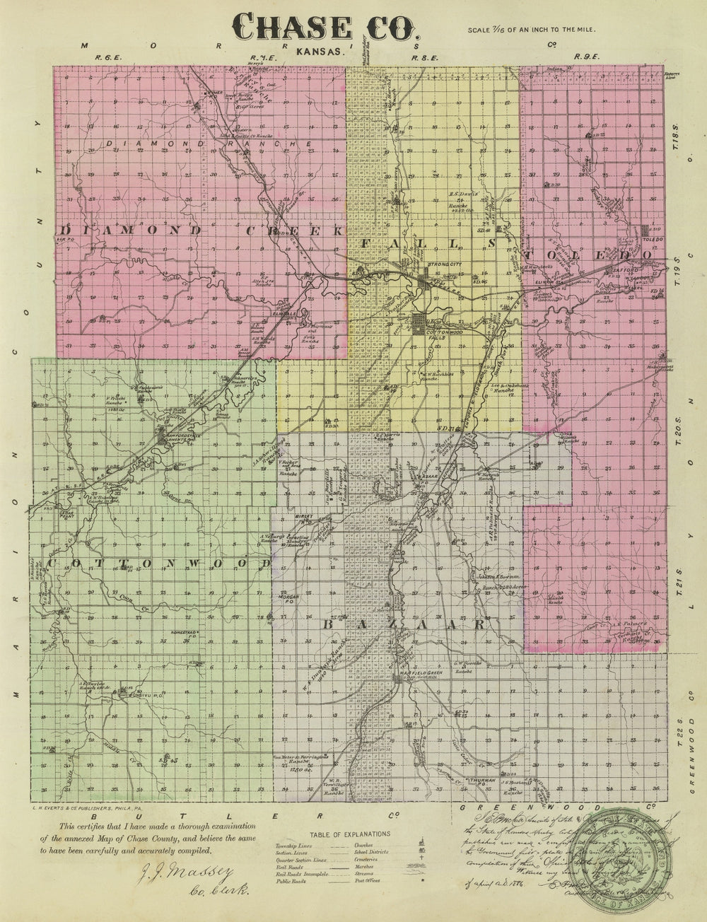 Vintage Map of Chase County, Kansas 1887 print style example
