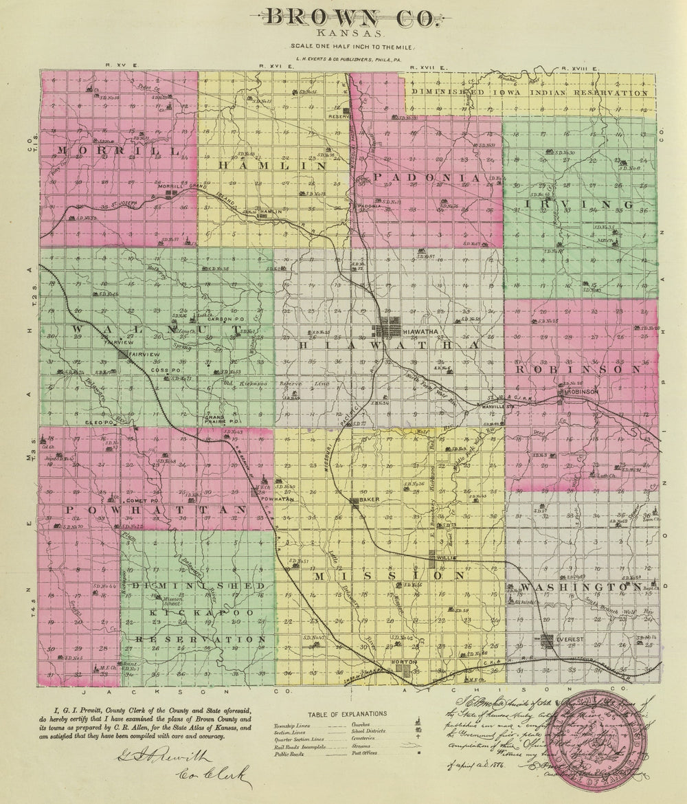 Vintage Map of Brown County, Kansas 1887 print style example