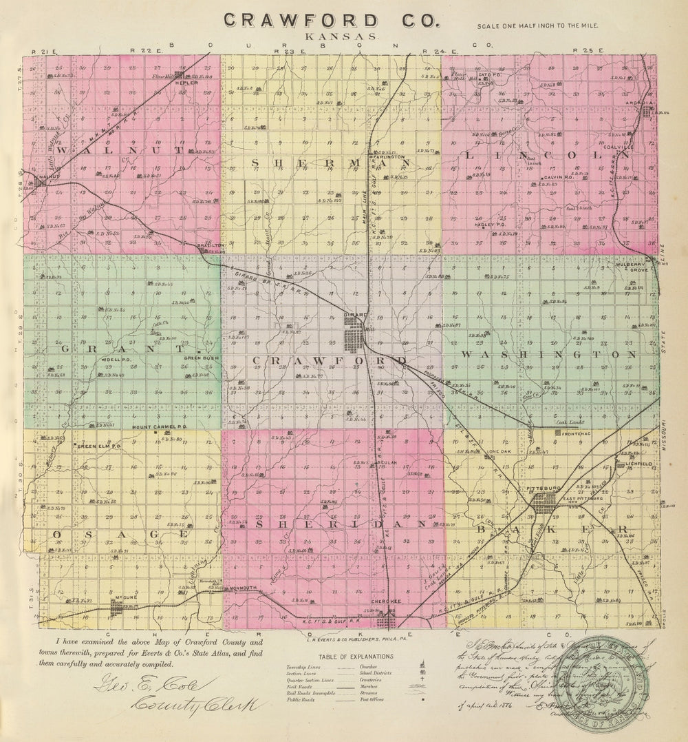Vintage Map of Crawford County, Kansas 1887 print style example