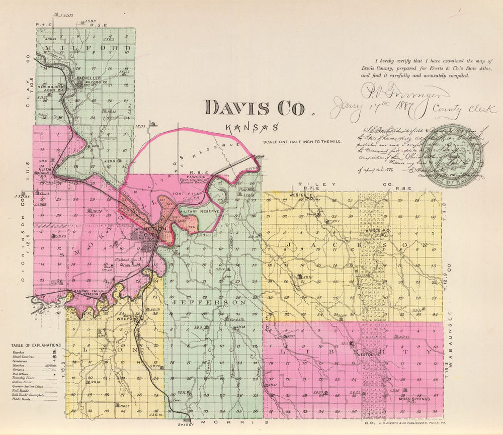 Vintage Map of Davis County, Kansas 1887 print style example