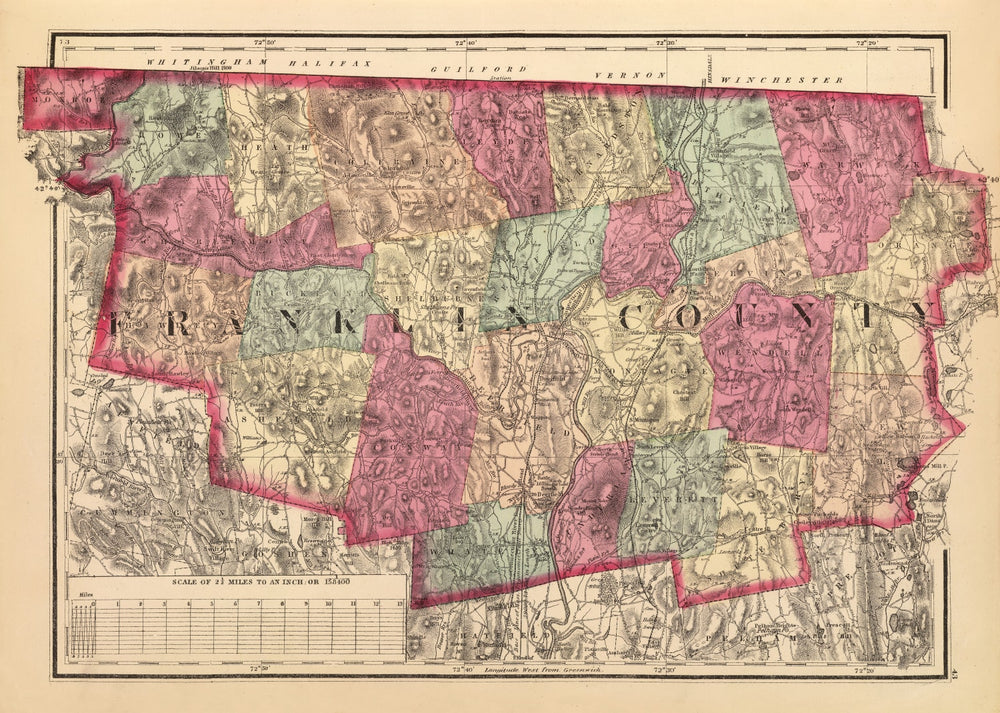 Vintage Map of Franklin County, Massachusetts 1871 print style example