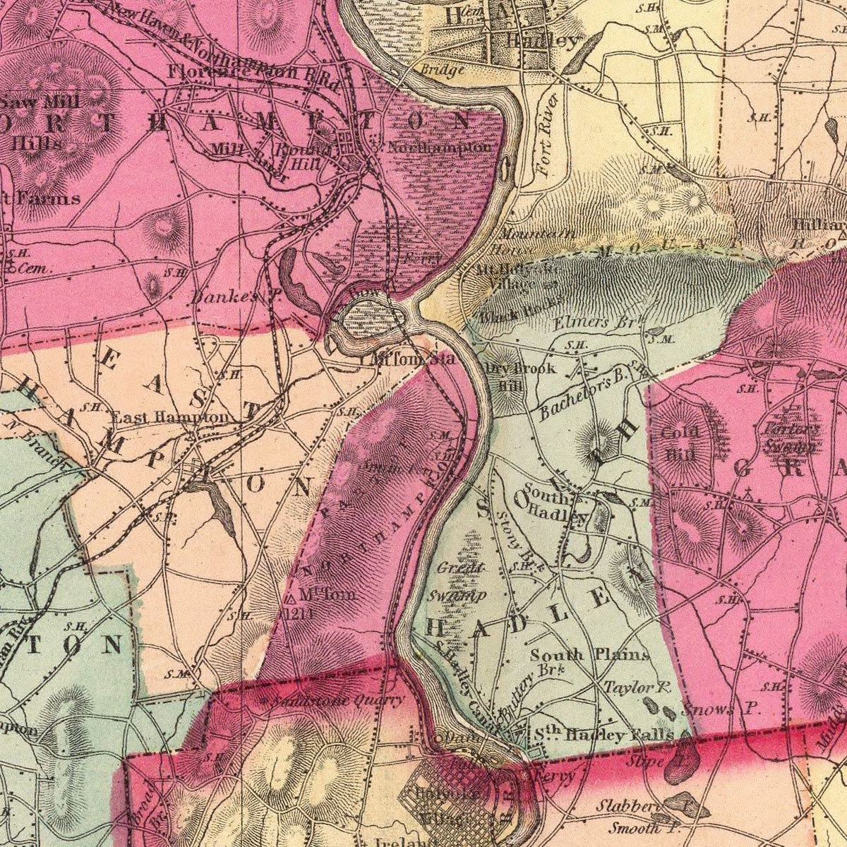 Restored historic details from the 1871 county map of Hampshire  County, Massachusetts