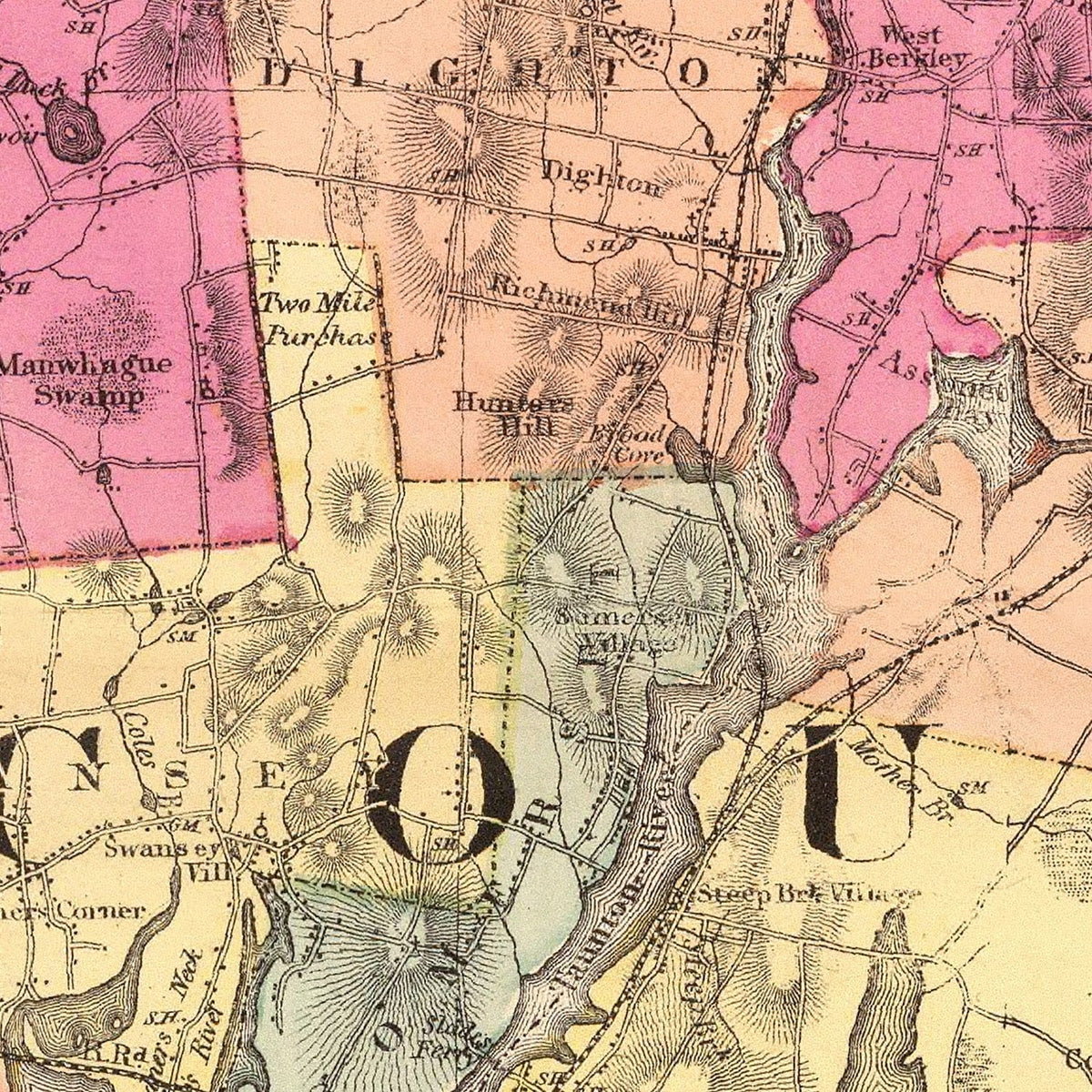 Restored historic details from the 1871 county map of Bristol County, Massachusetts