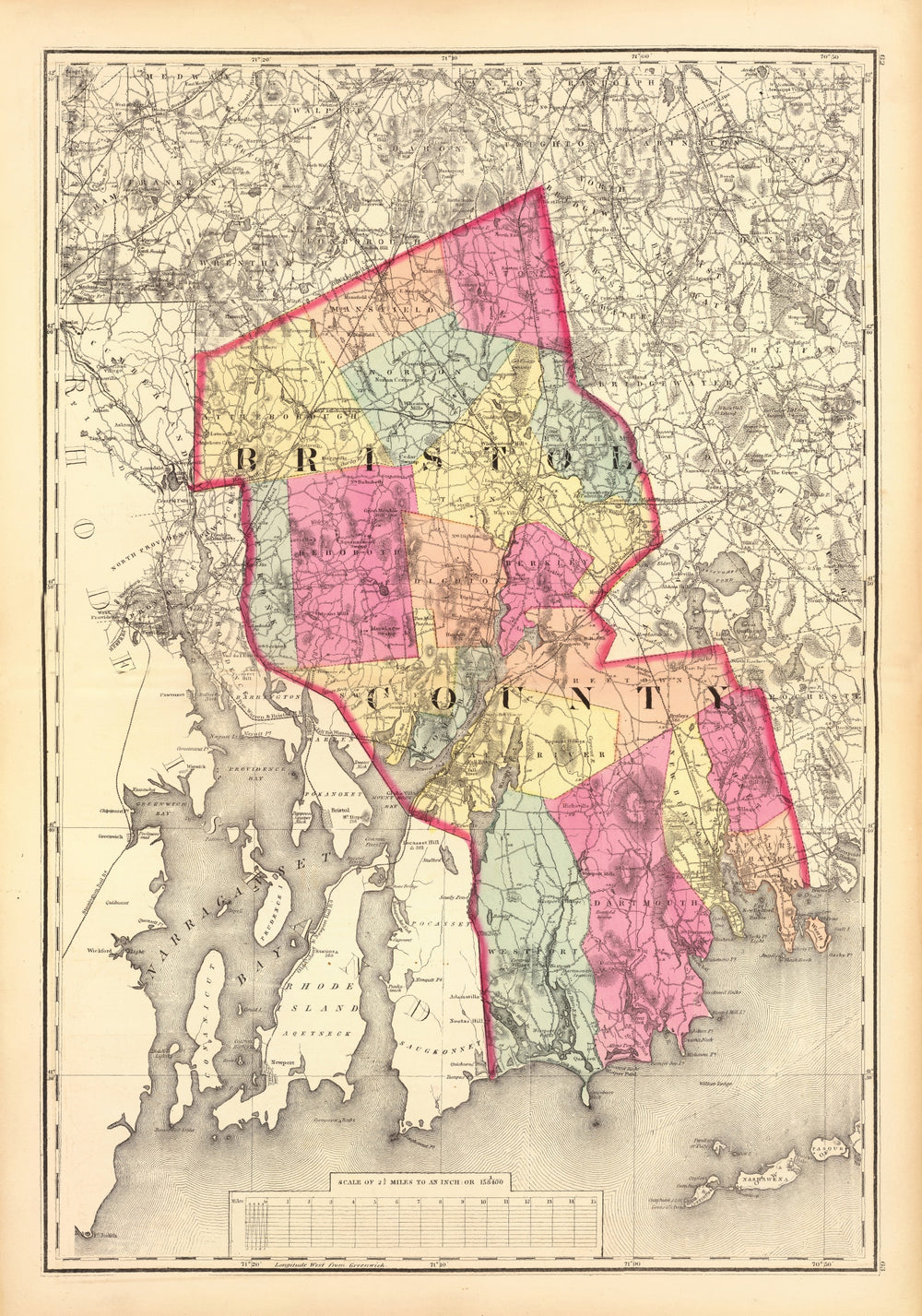 Vintage Map of Bristol County, Massachusetts 1871 print style example
