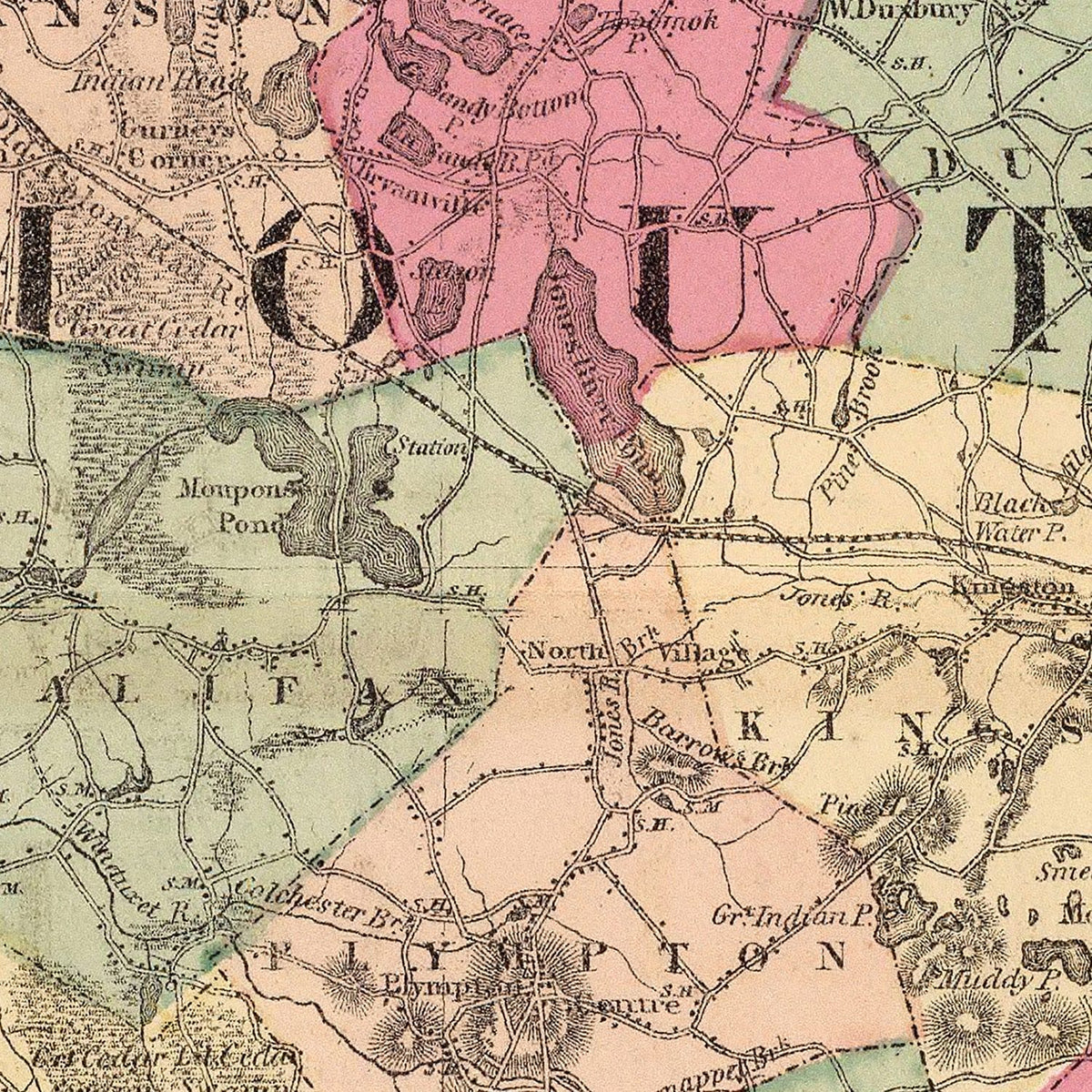 Restored historic details from the 1871 county map of Plymouth County, Massachusetts