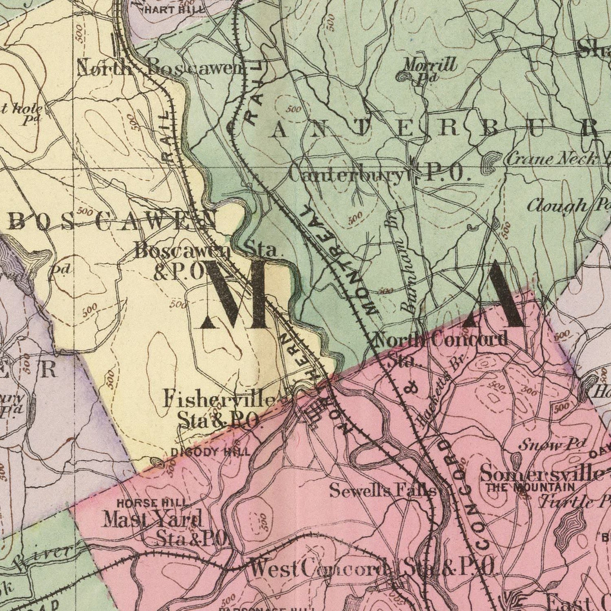 Restored historic details from the 1877 county map of Merrimack County, New Hampshire