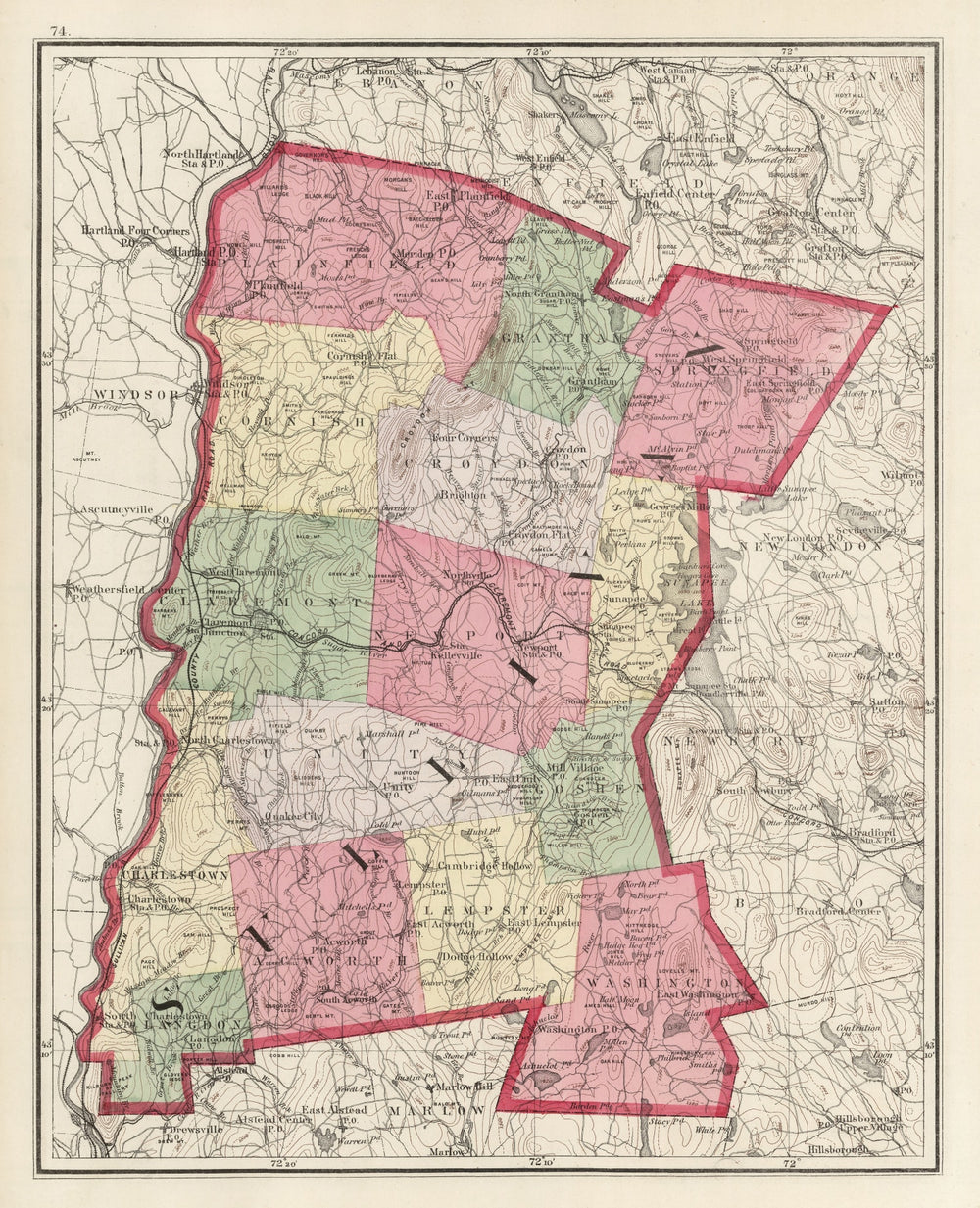 Vintage Map of Sullivan County, New Hampshire 1877 print style example