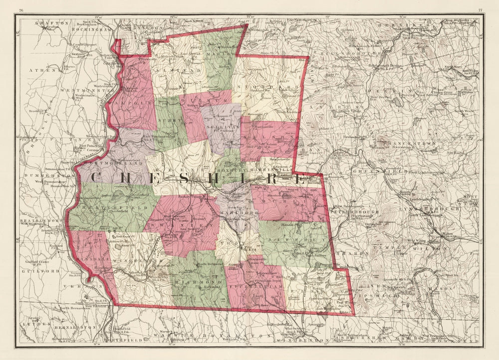 Vintage Map of Cheshire County, New Hampshire 1877 print style example