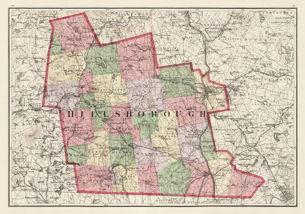 Vintage Map of Hillsborough County, New Hampshire 1877 print style example