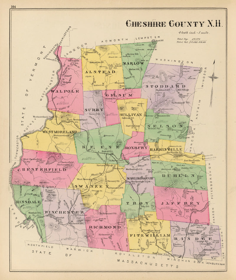 Size comparison using Vintage Map of Cheshire County, New Hampshire 1892
