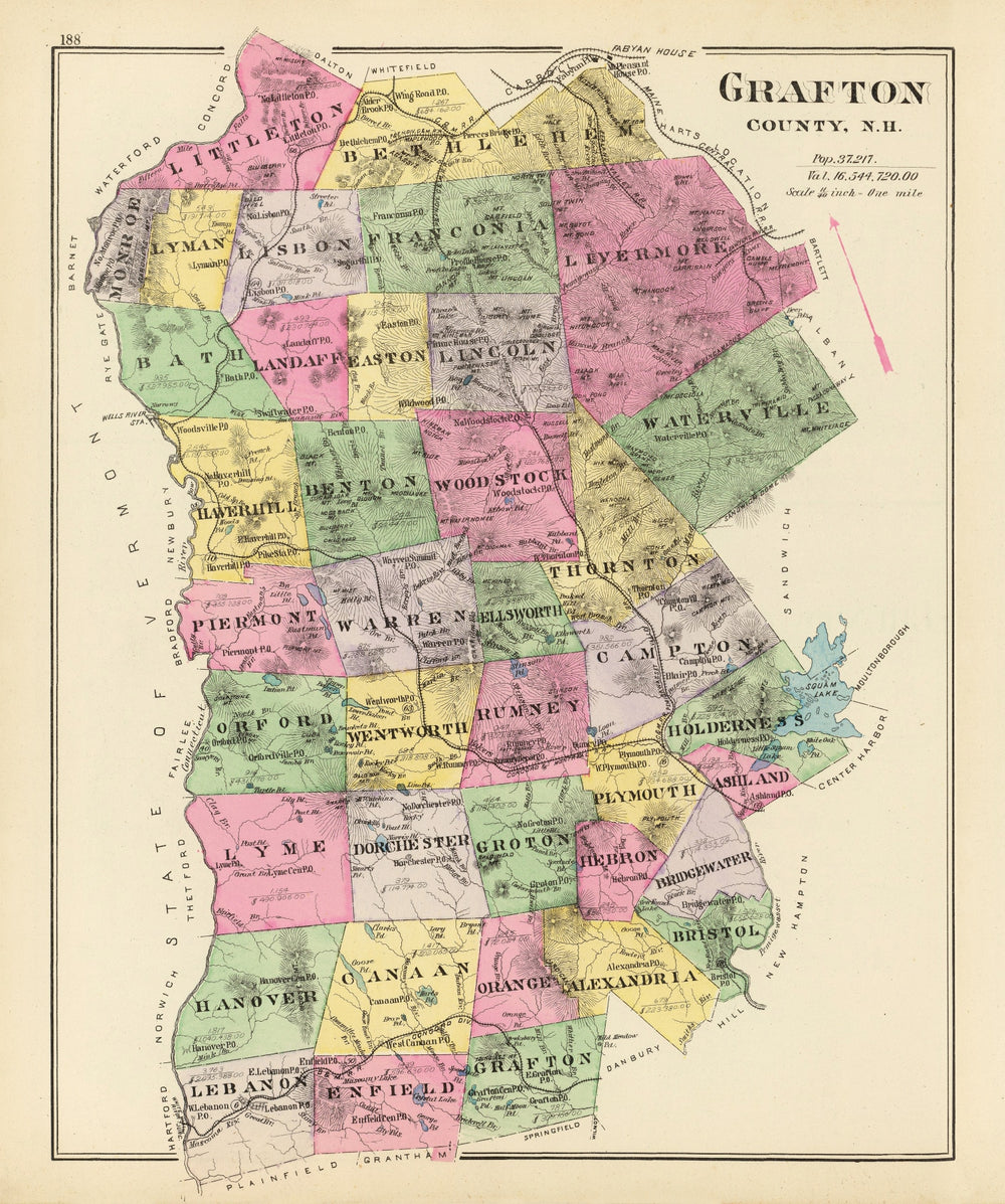 Vintage Map of Grafton County, New Hampshire 1892 print style example