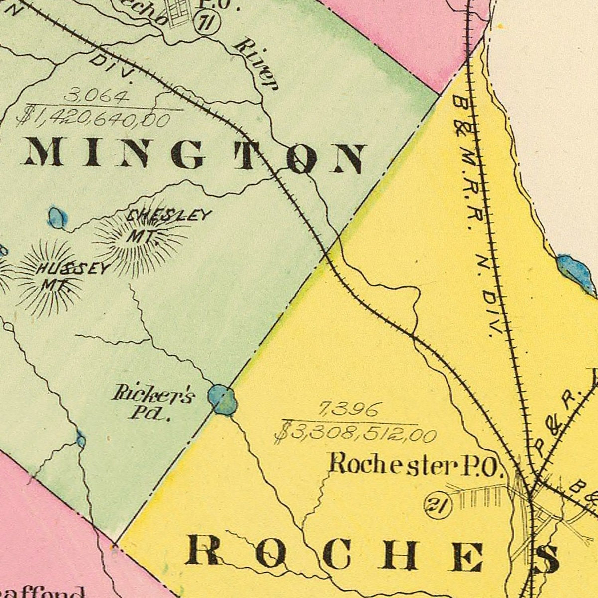 Restored historic details from the 1892 county map of Strafford County, New Hampshire