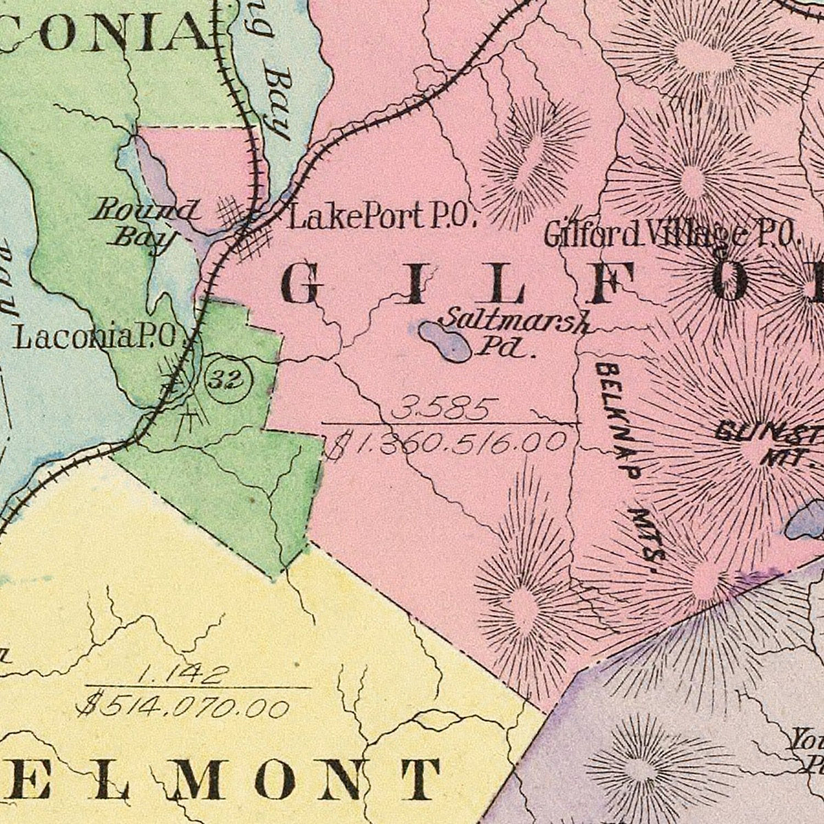 Restored historic details from the 1892 county map of Belknap County, New Hampshire