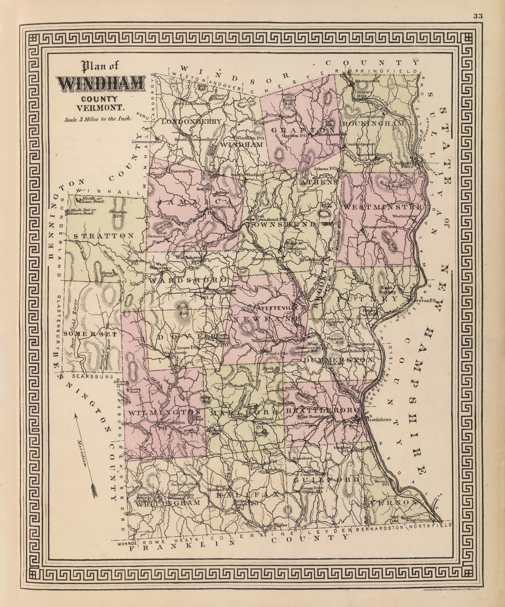 Vintage Map of Windham County, Vermont 1876 print style example
