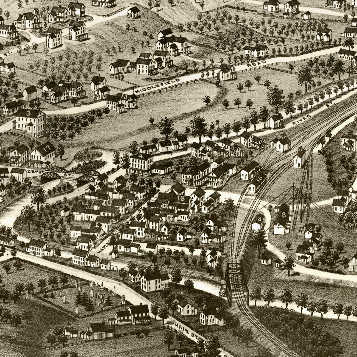Restored historic details from the 1885 city map of Chester, Massachusetts