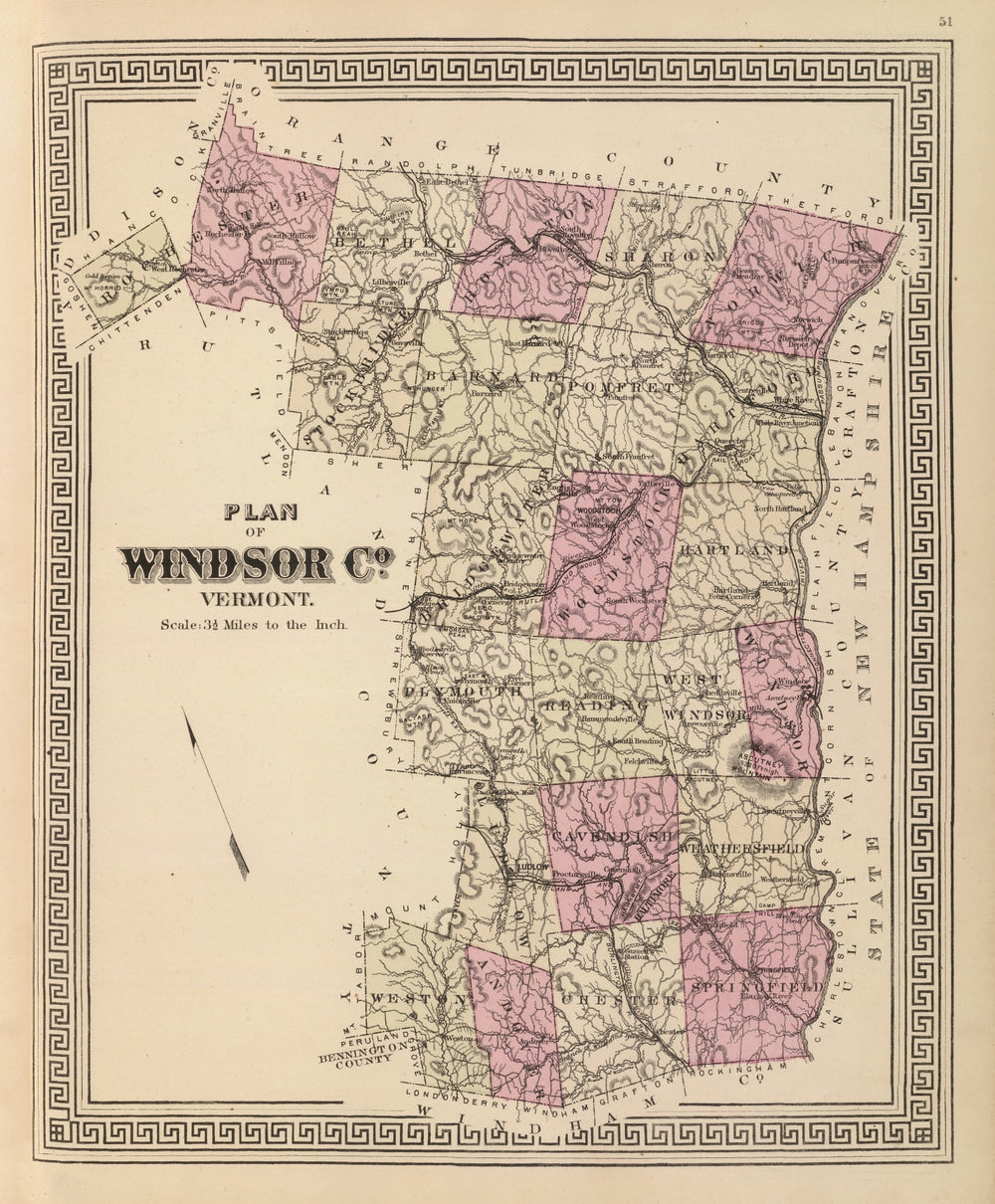 Vintage Map of Windsor County, Vermont 1876 print style example