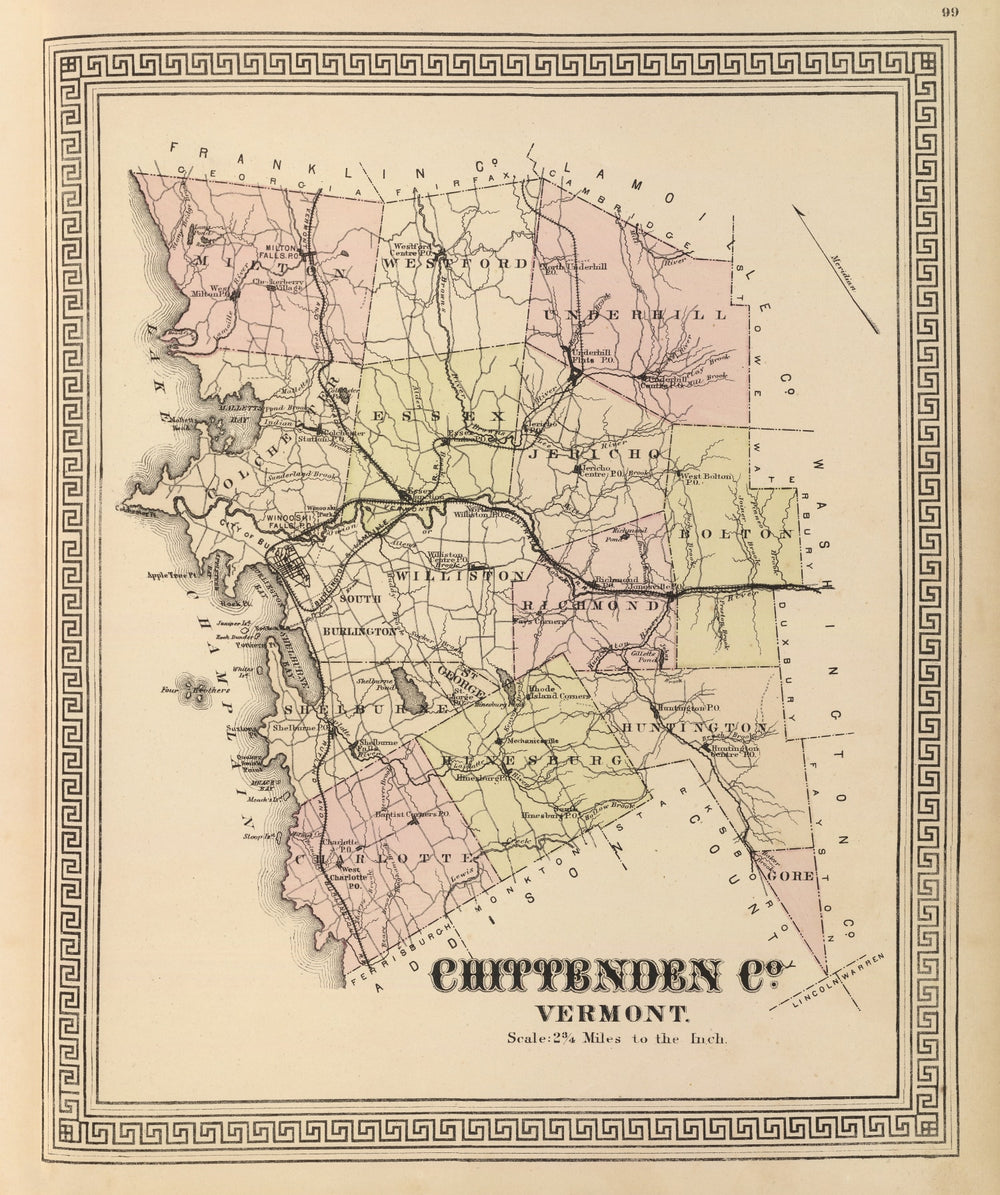 Vintage Map of Chittenden County, Vermont 1876 print style example