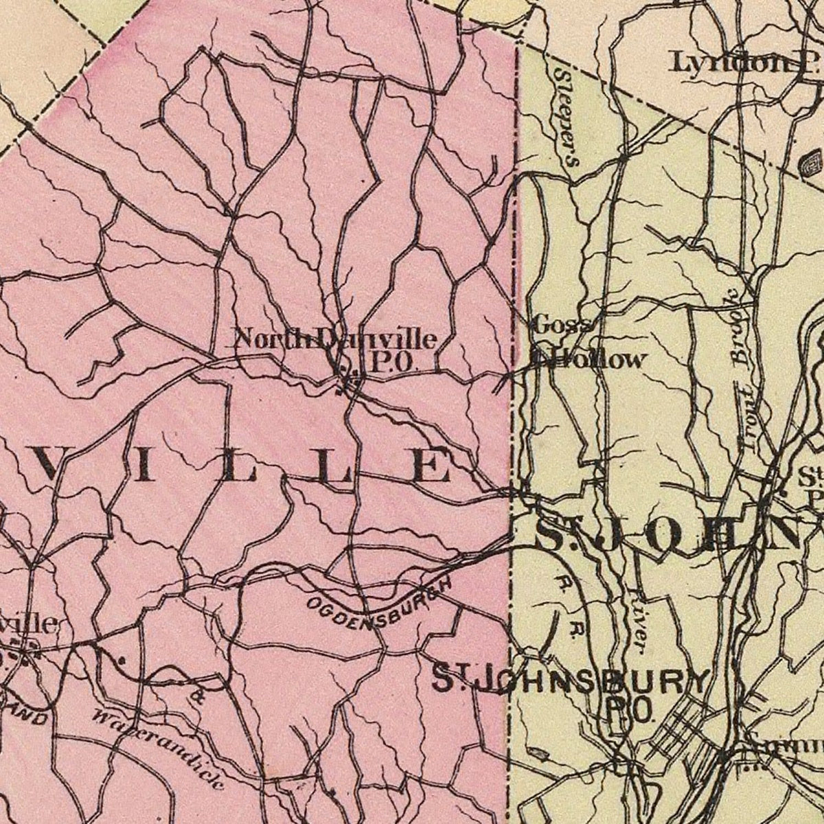 Restored historic details from the 1876 county map of Caledonia County, Vermont