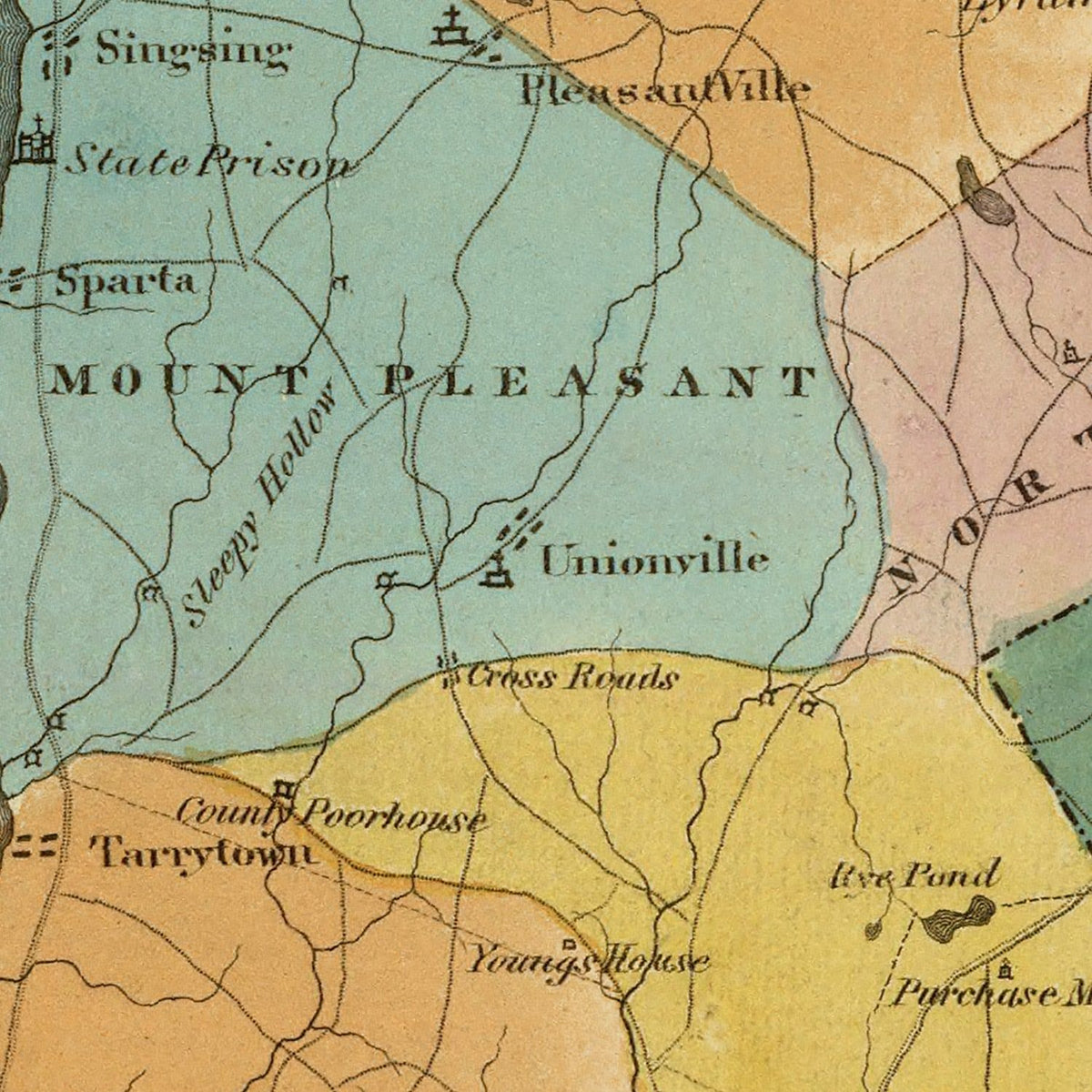 Restored historic details from the 1829 county map of Westchester County, New York