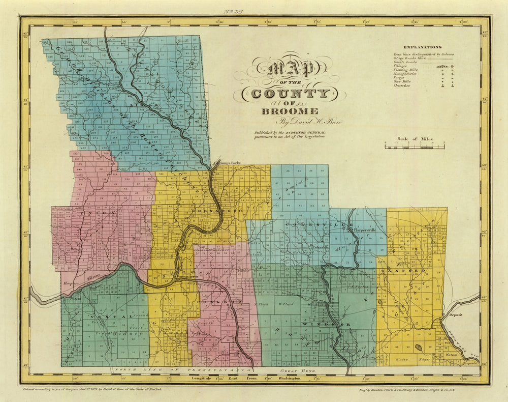 Vintage Map of Broome County, New York 1829 print style example