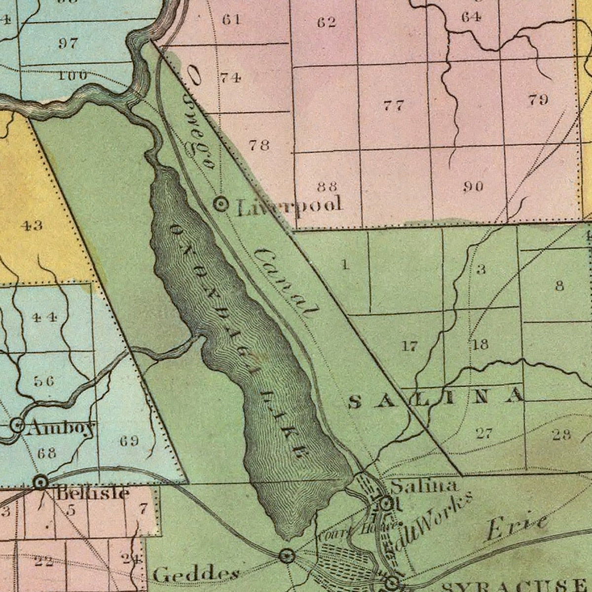 Restored historic details from the 1829 county map of Onondaga County, New York