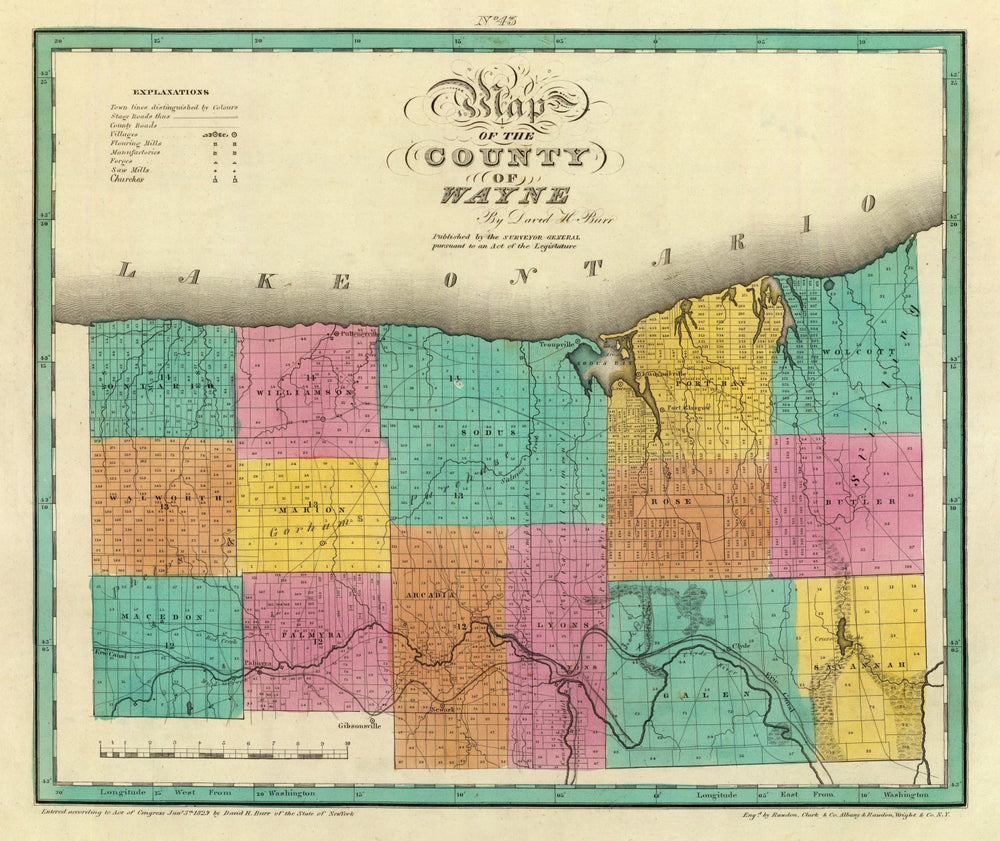 Vintage Map of Wayne County, New York 1829 print style example