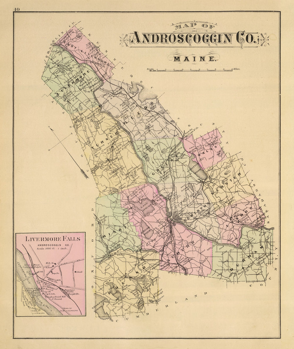 Vintage Map of Androscoggin County, Maine 1885 print style example