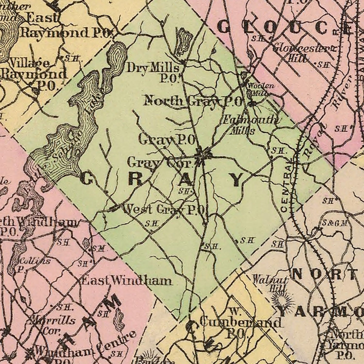 Restored historic details from the 1885 county map of Cumberland County, Maine