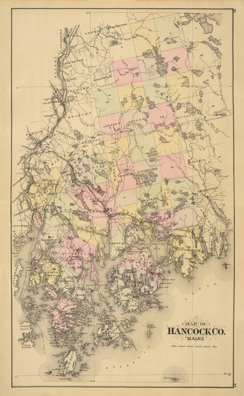 Vintage Map of Hancock County, Maine 1885 print style example