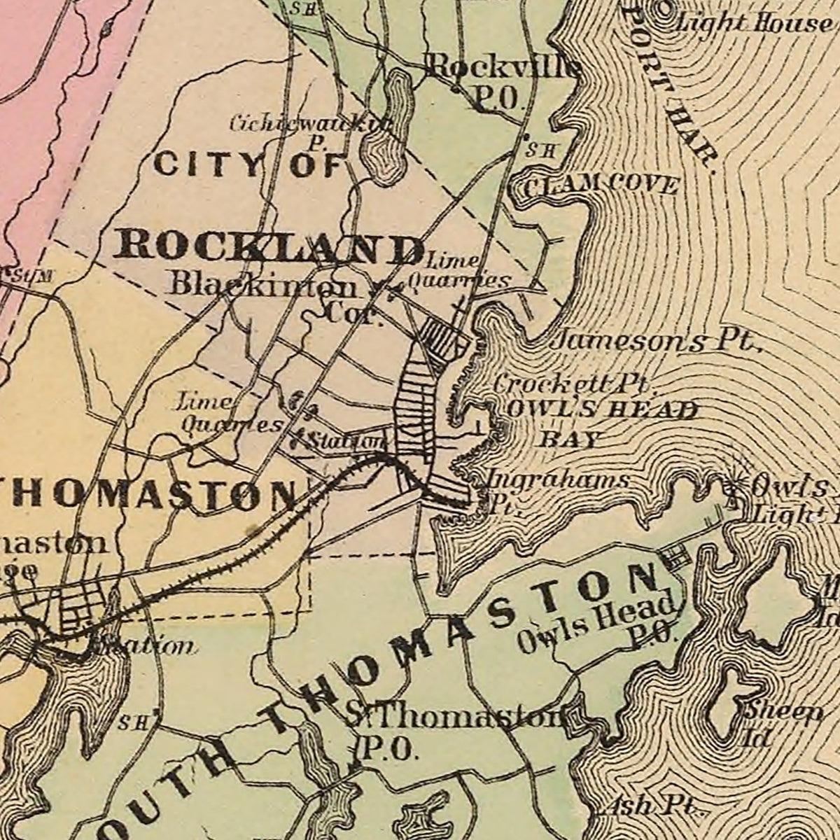 Restored historic details from the 1885 county map of Knox County, Maine