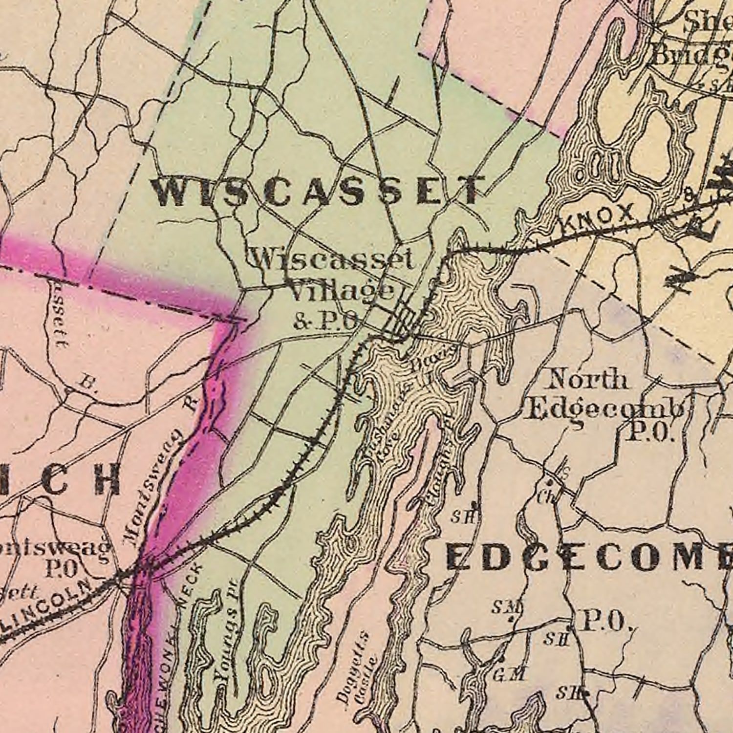 Restored historic details from the 1885 county map of Lincoln County, Maine