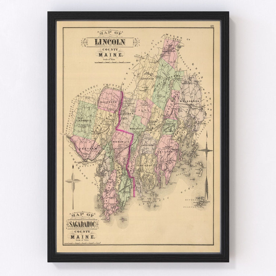 Vintage Map of Lincoln County, Maine 1885