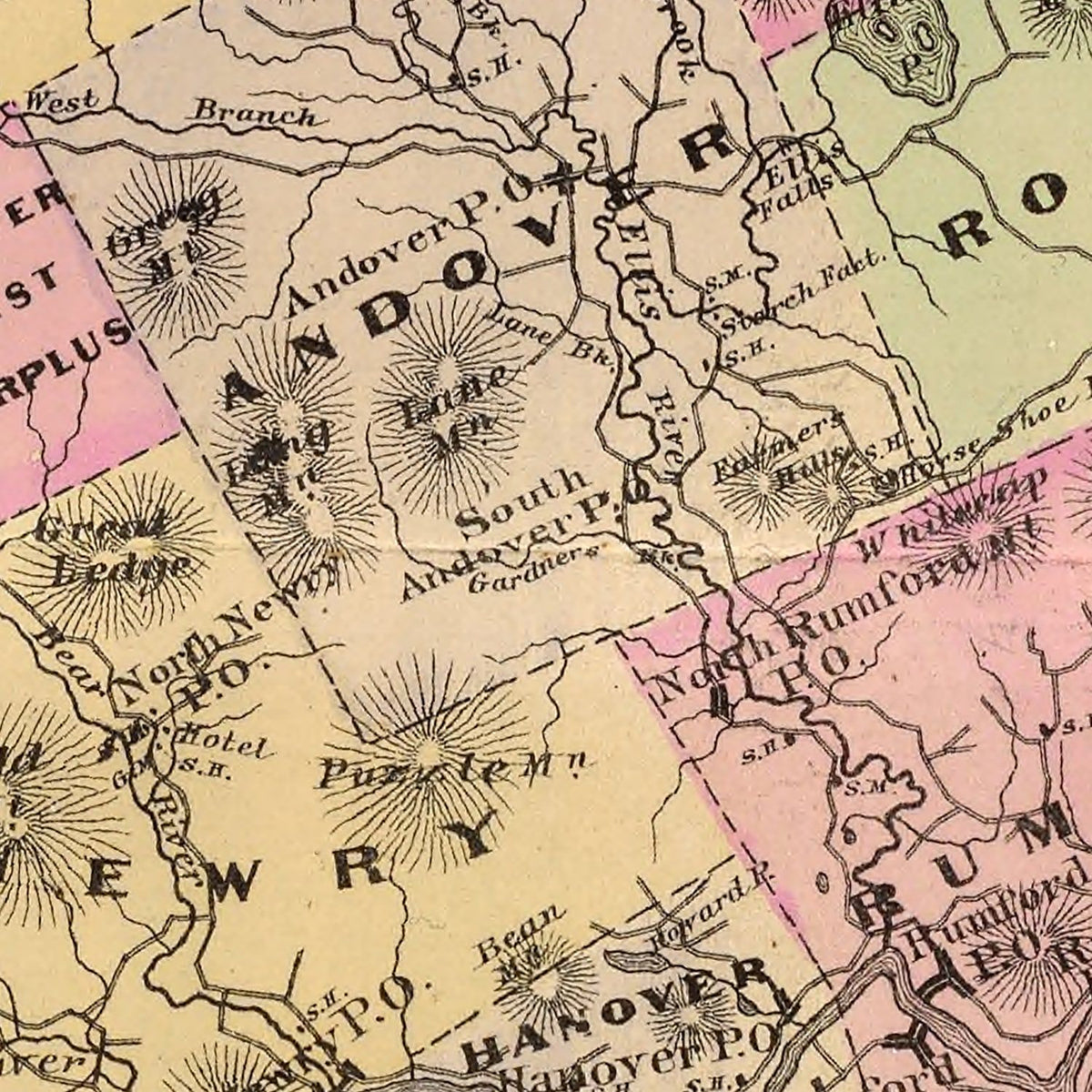 Restored historic details from the 1885 county map of Oxford County, Maine