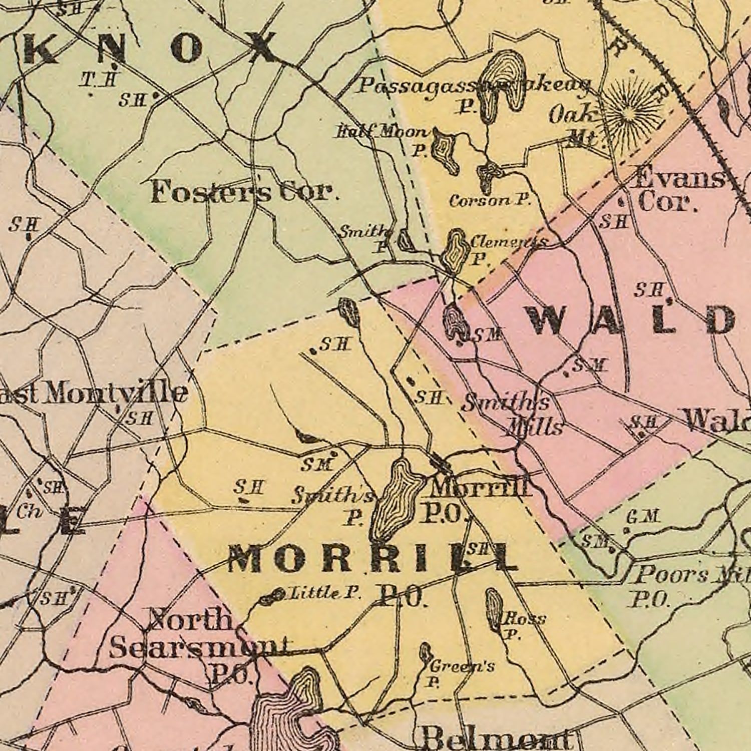 Restored historic details from the 1885 county map of Waldo County, Maine