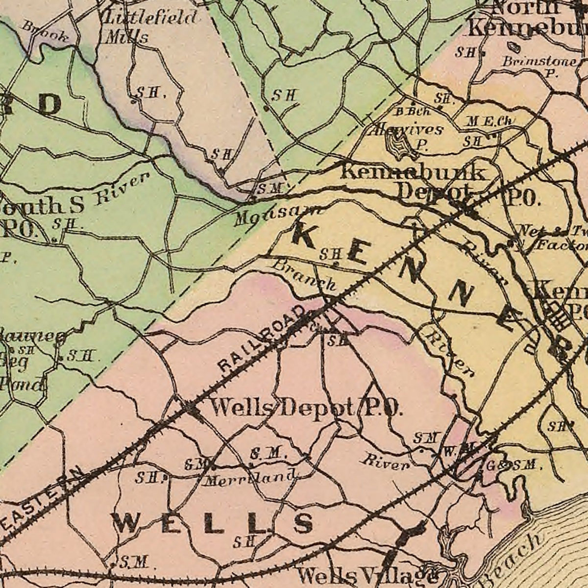Restored historic details from the 1885 county map of York County, Maine