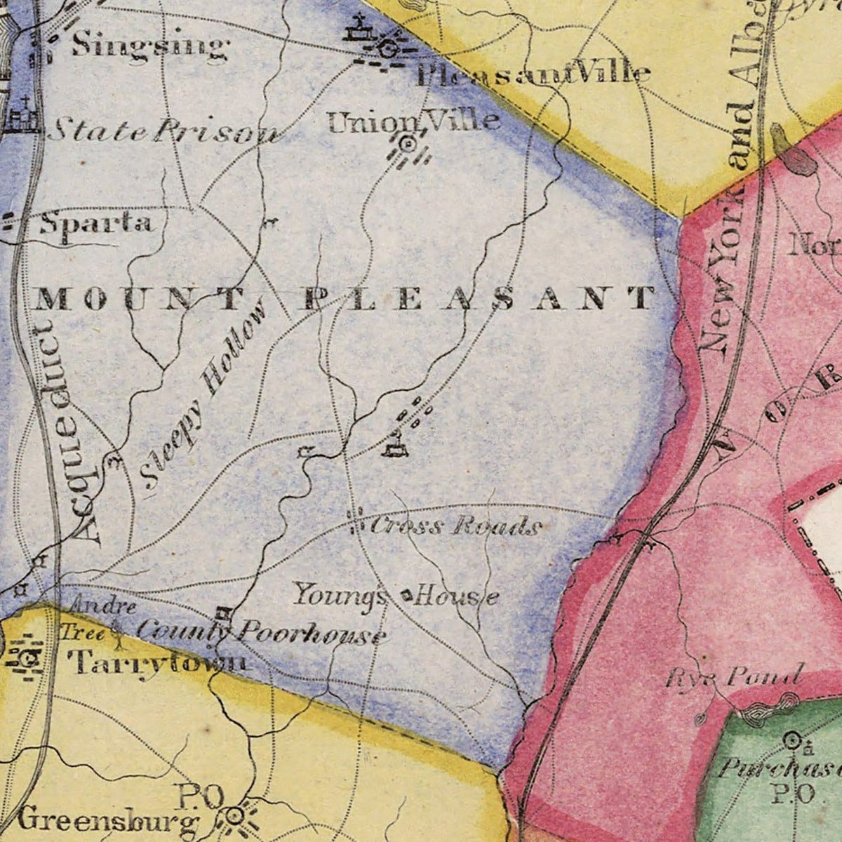 Restored historic details from the 1839 county map of Westchester County, New York