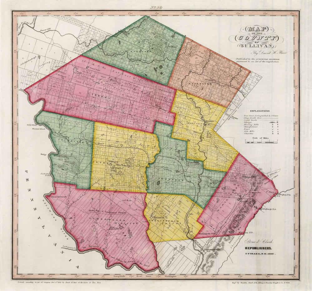 Vintage Map of Sullivan County, New York 1840 print style example