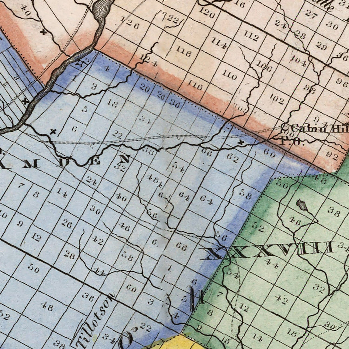 Restored historic details from the 1840 county map of Delaware County, New York