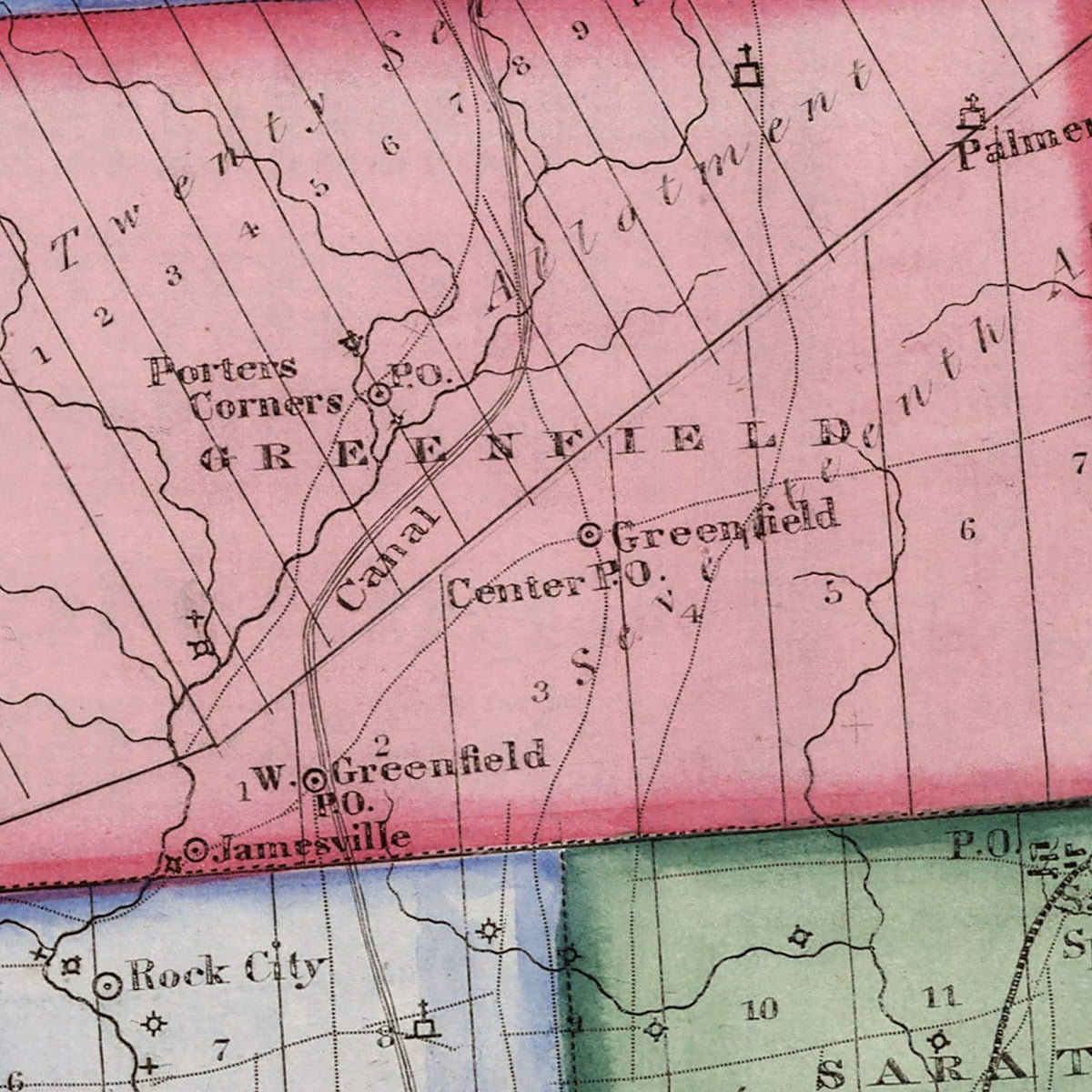 Restored historic details from the 1840 county map of Saratoga County, New York