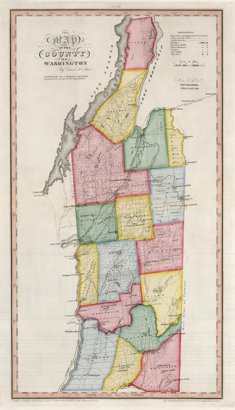 Vintage Map of Washington County, New York 1840 print style example