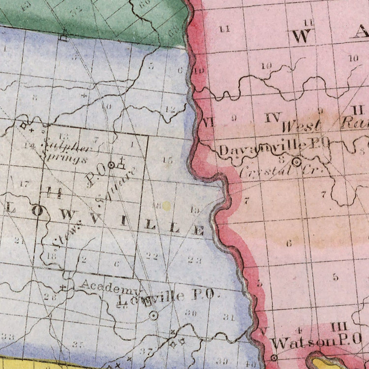 Restored historic details from the 1840 county map of Lewis County, New York