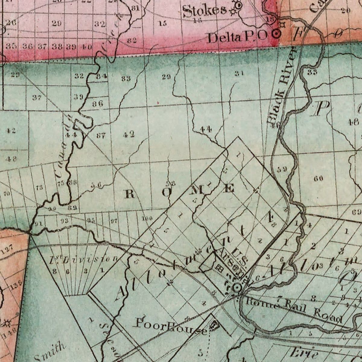 Restored historic details from the 1840 county map of Oneida County, New York