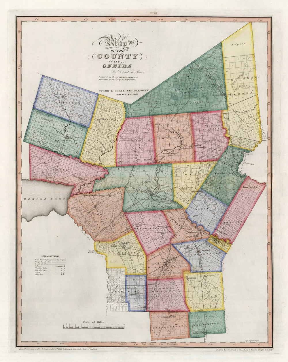 Vintage Map of Oneida County, New York 1840 print style example