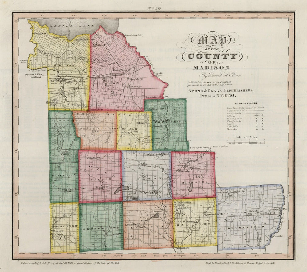 Vintage Map of Madison County, New York 1840 print style example