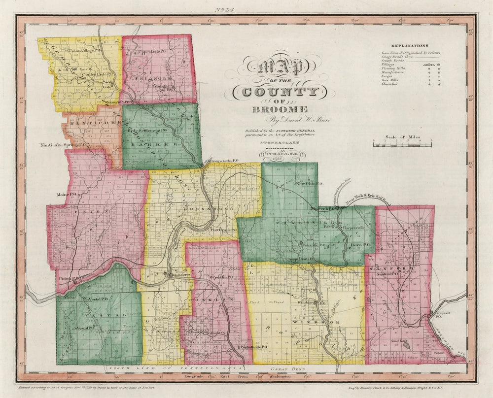 Vintage Map of Broome County, New York 1840 print style example