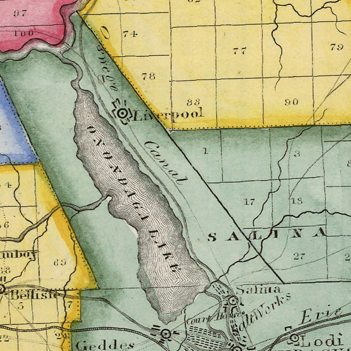 Restored historic details from the 1840 county map of Onondaga County, New York