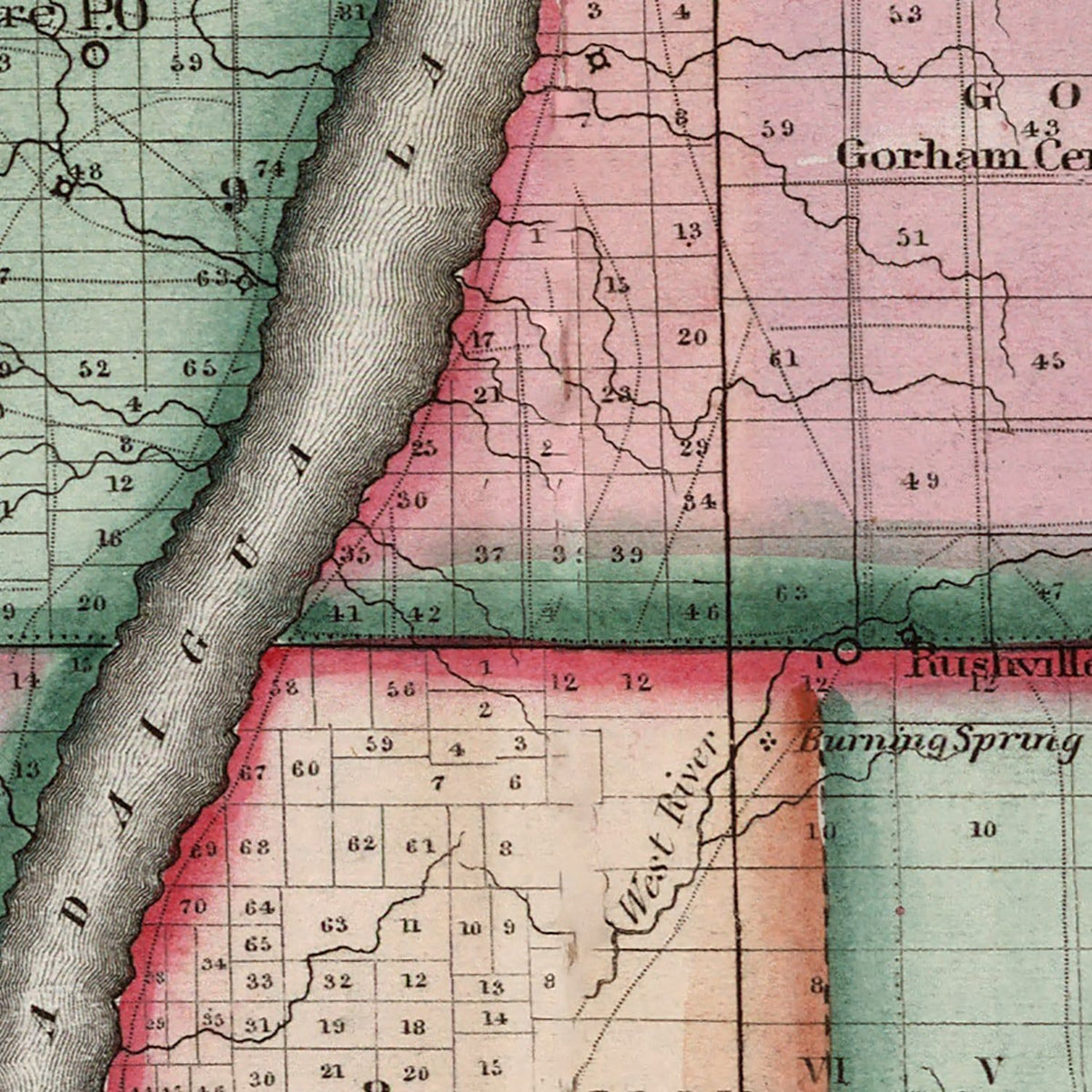 Restored historic details from the 1840 county map of Ontario County, New York