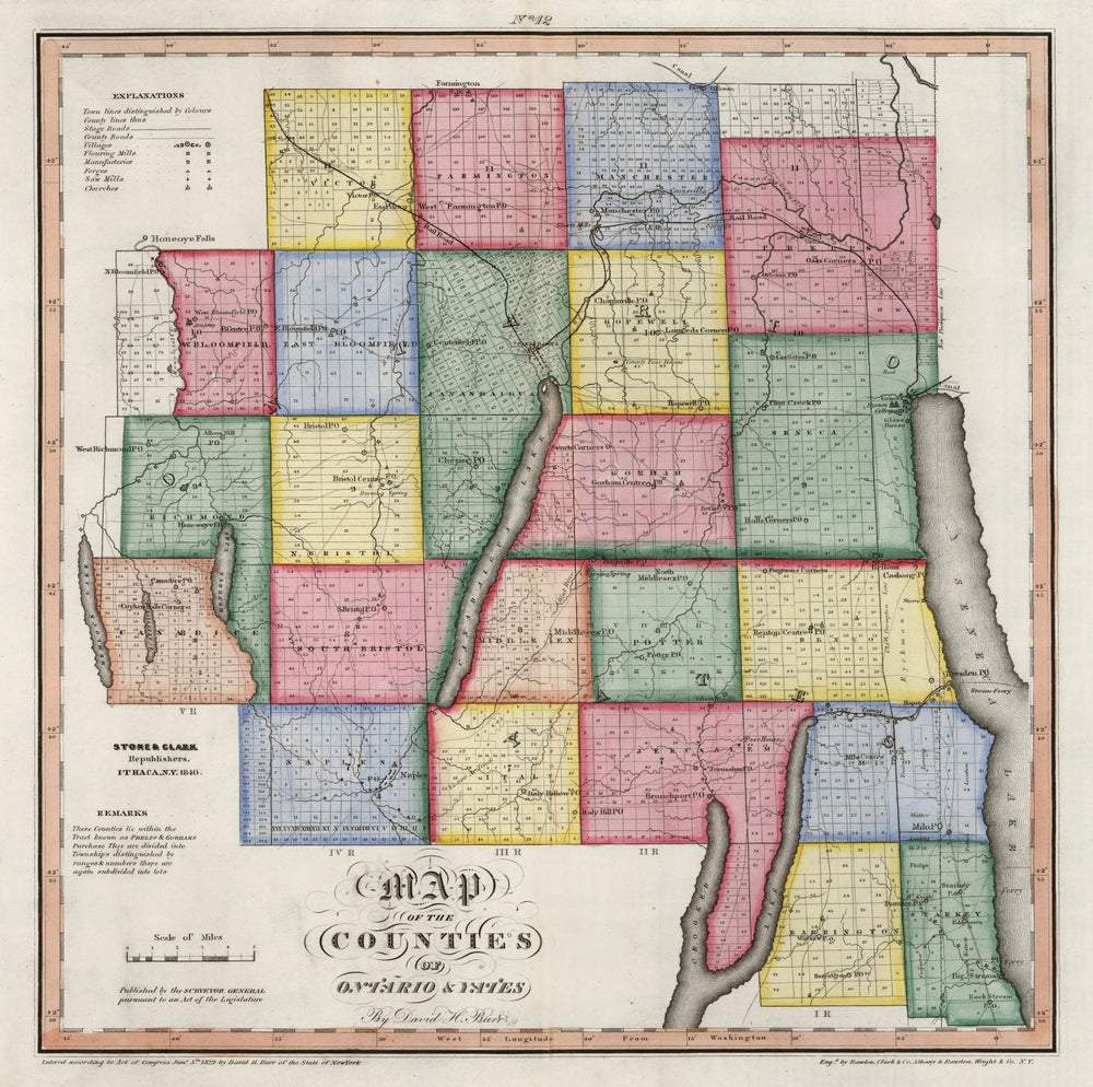 Vintage Map of Ontario County, New York 1840 print style example